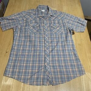 Wrangler Wrancher Pearl Snap Shirt Mens XL‎ Short Sleeve Blue Plaid Pen Pocket